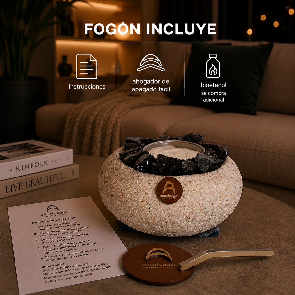 Infografía «Fogón incluye» del Elquí Mediano Obsidiana, con instrucciones y ahogador de llama