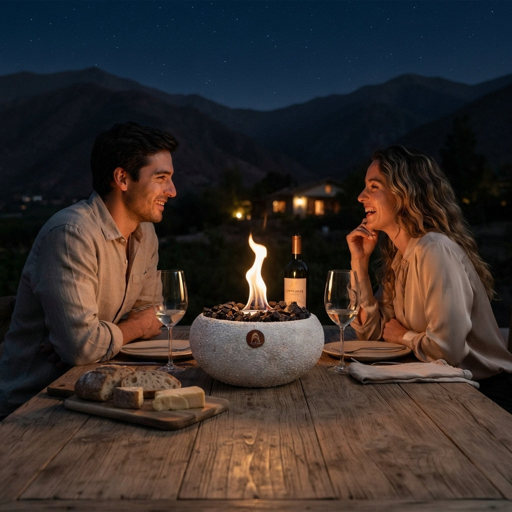 Pareja de noche en una terraza con el Elquí Grande Obsidiana encendido sobre la mesa