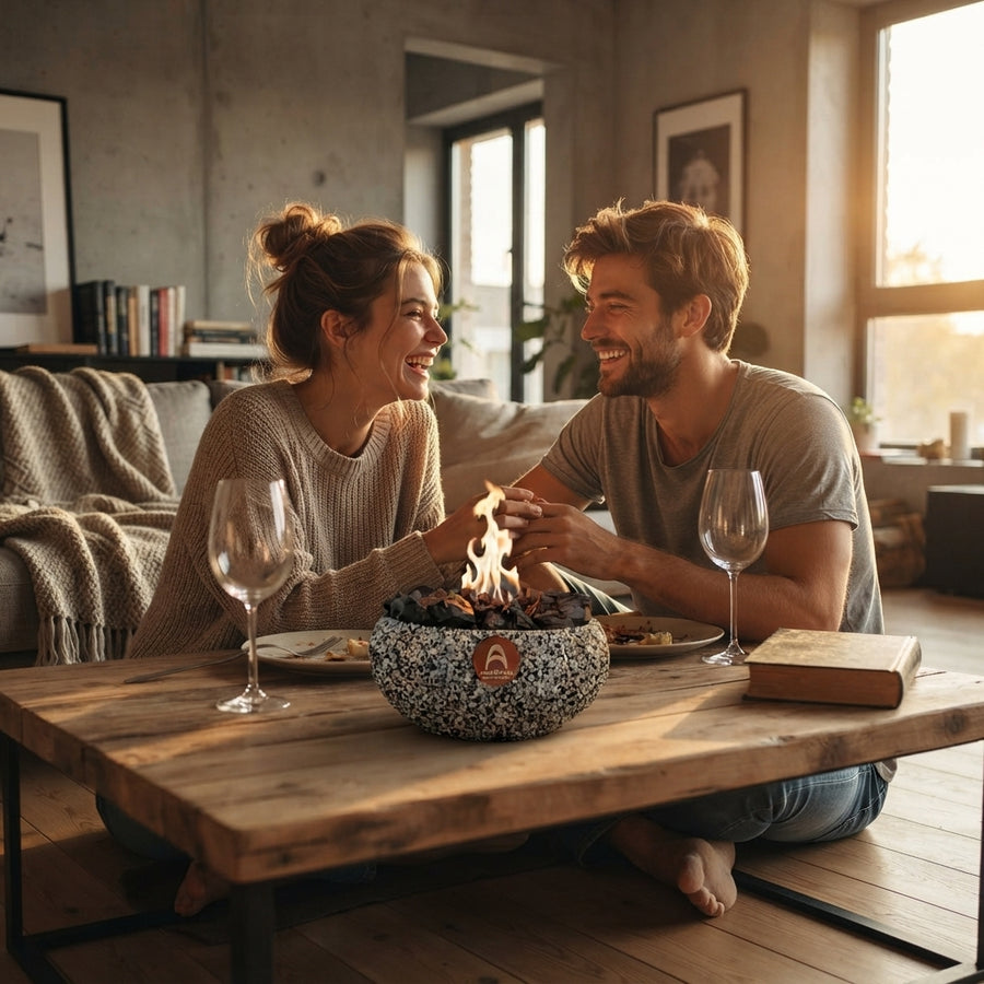 Pareja en una sala con el Atacama Mediano Obsidiana encendido sobre la mesa de centro