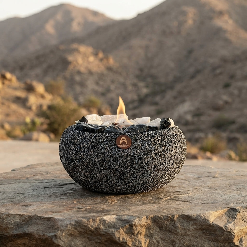 Fogón Atacama con cuarzo y obsidiana encendido sobre una roca, con cerros de fondo