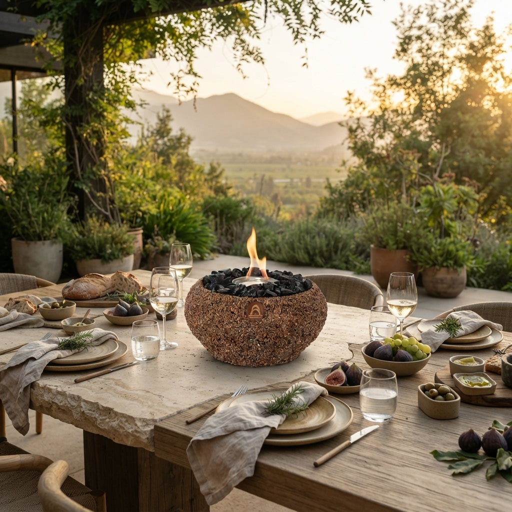 Fogón Valle de cáscara de nuez encendido sobre una mesa puesta en un jardín, con cerros de fondo