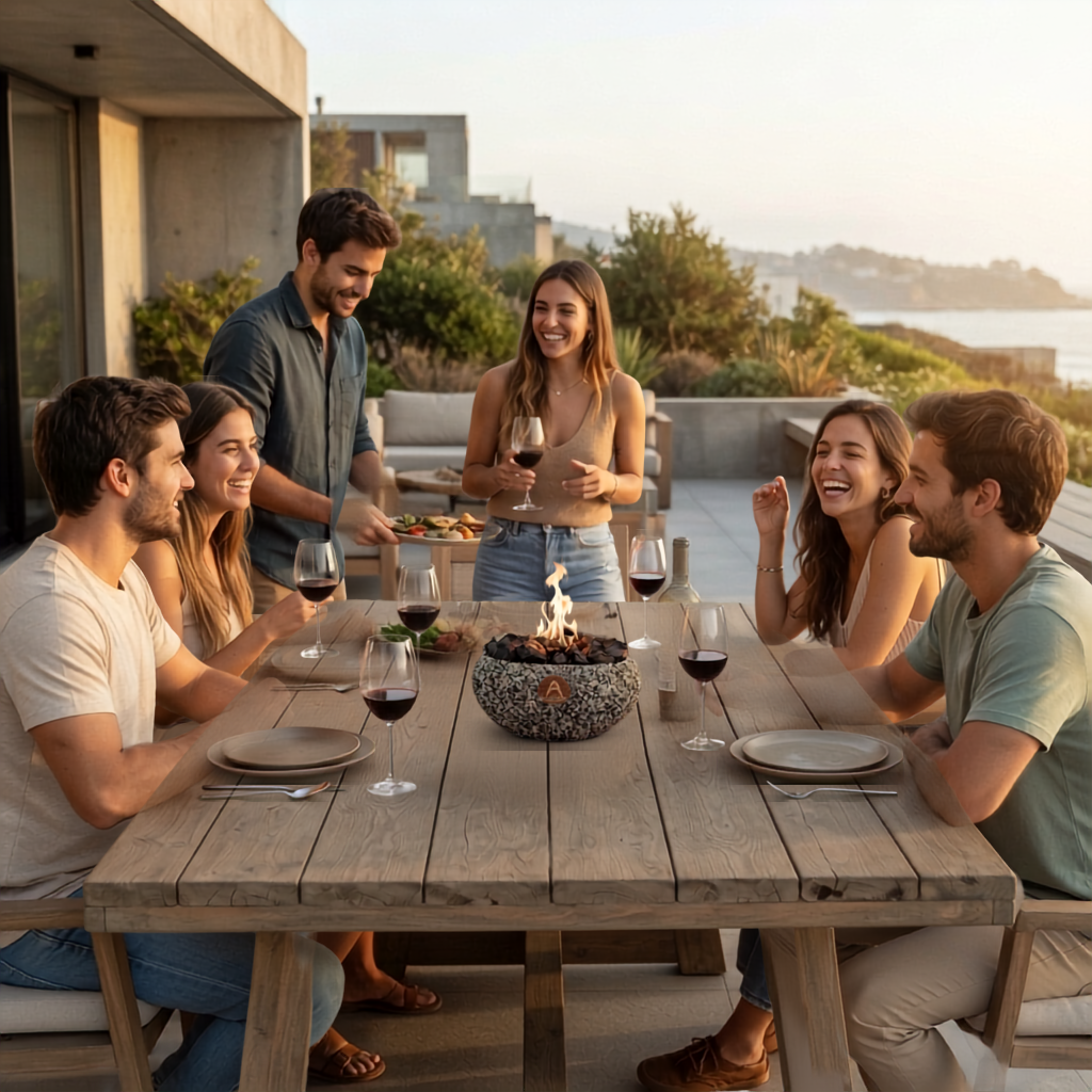 Grupo de amigos en una terraza con el Atacama Mediano Obsidiana encendido sobre la mesa