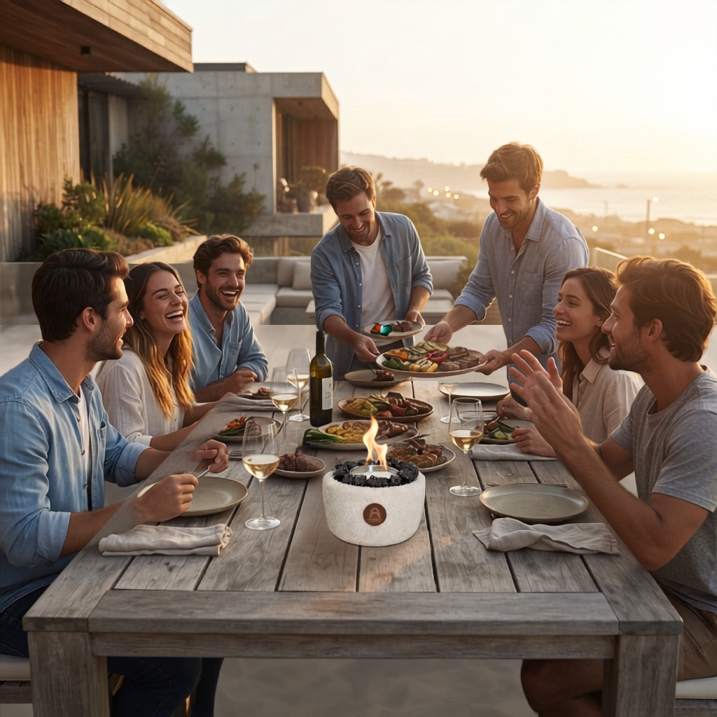 Grupo de amigos cenando en una terraza con el Elquí Compacto Obsidiana sobre la mesa