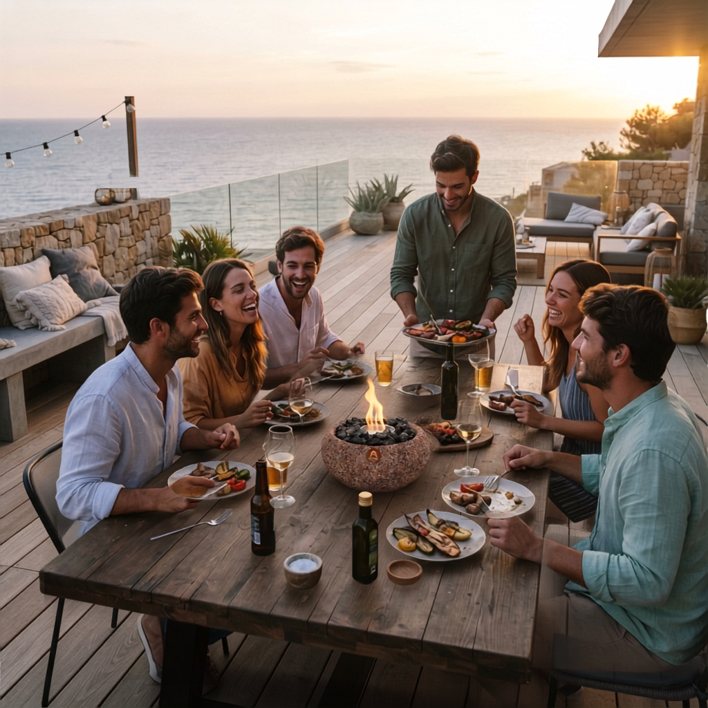 Grupo de amigos en una terraza frente al mar con un fogón Costa Grande Terracota al centro de la mesa