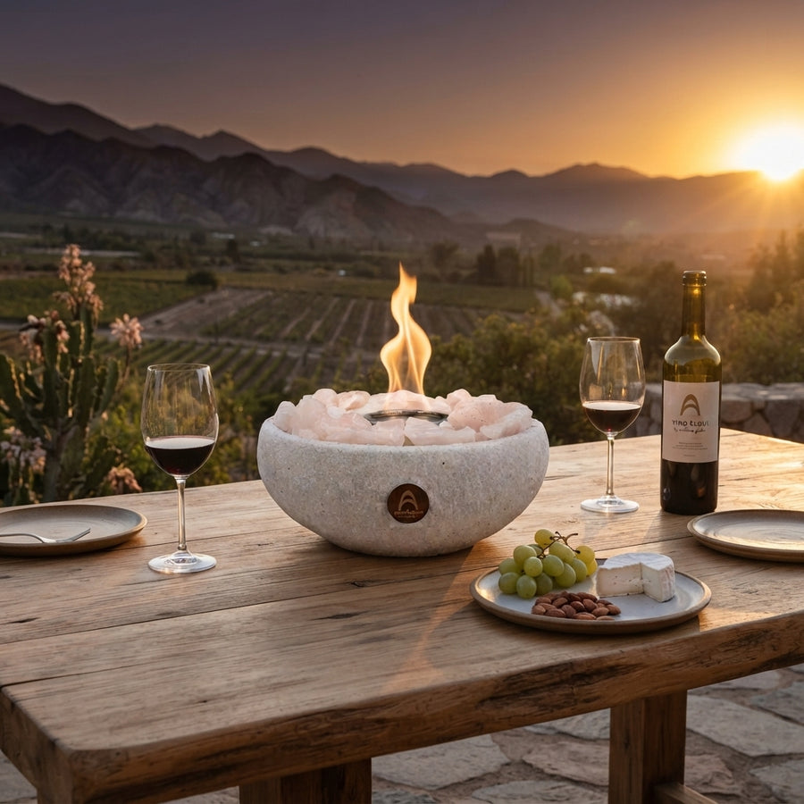 Elquí Grande Cuarzo encendido sobre una mesa de madera con vino y queso, frente a un valle al atardecer