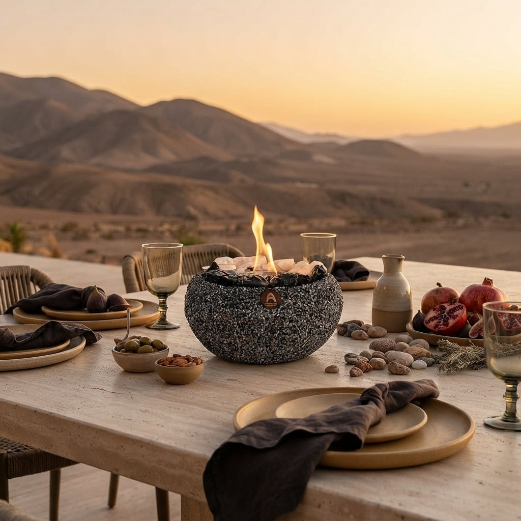 Fogón Atacama con cuarzo y obsidiana sobre una mesa puesta en el desierto al atardecer