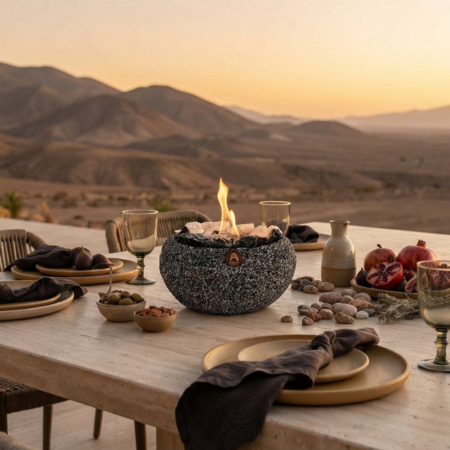 Fogón Atacama con cuarzo y obsidiana sobre una mesa puesta en el desierto al atardecer