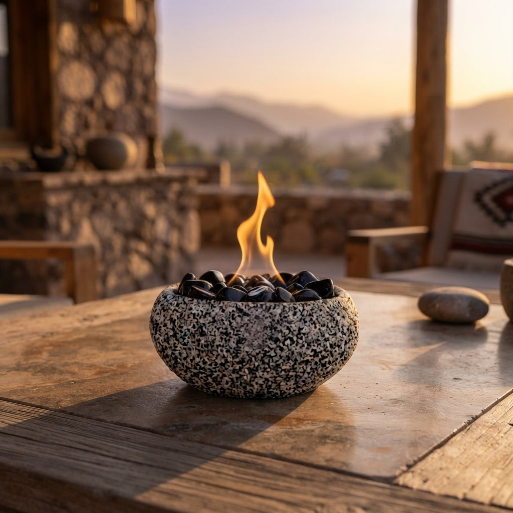 Fogón Atacama con obsidiana encendido sobre una mesa de madera en una terraza de piedra
