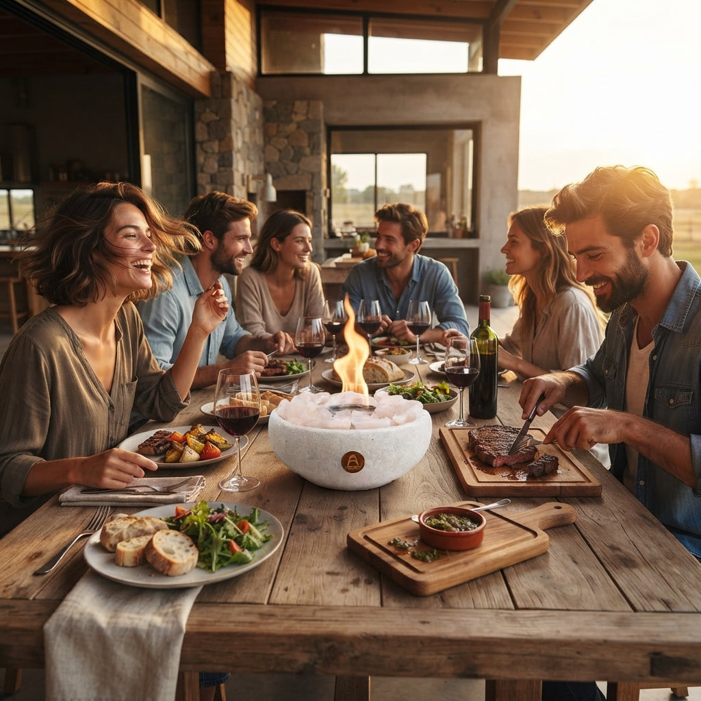 Grupo de amigos comiendo en una terraza con el Elquí Grande Cuarzo al centro de la mesa