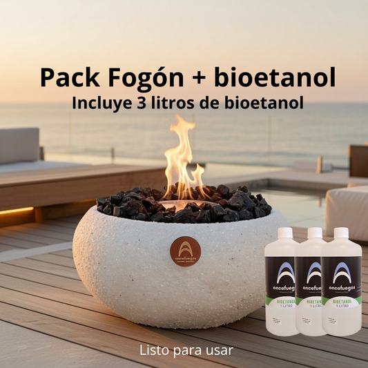 Pack Fogón Grande Cuarzo con Obsidiana + 3 Litros Bioetanol