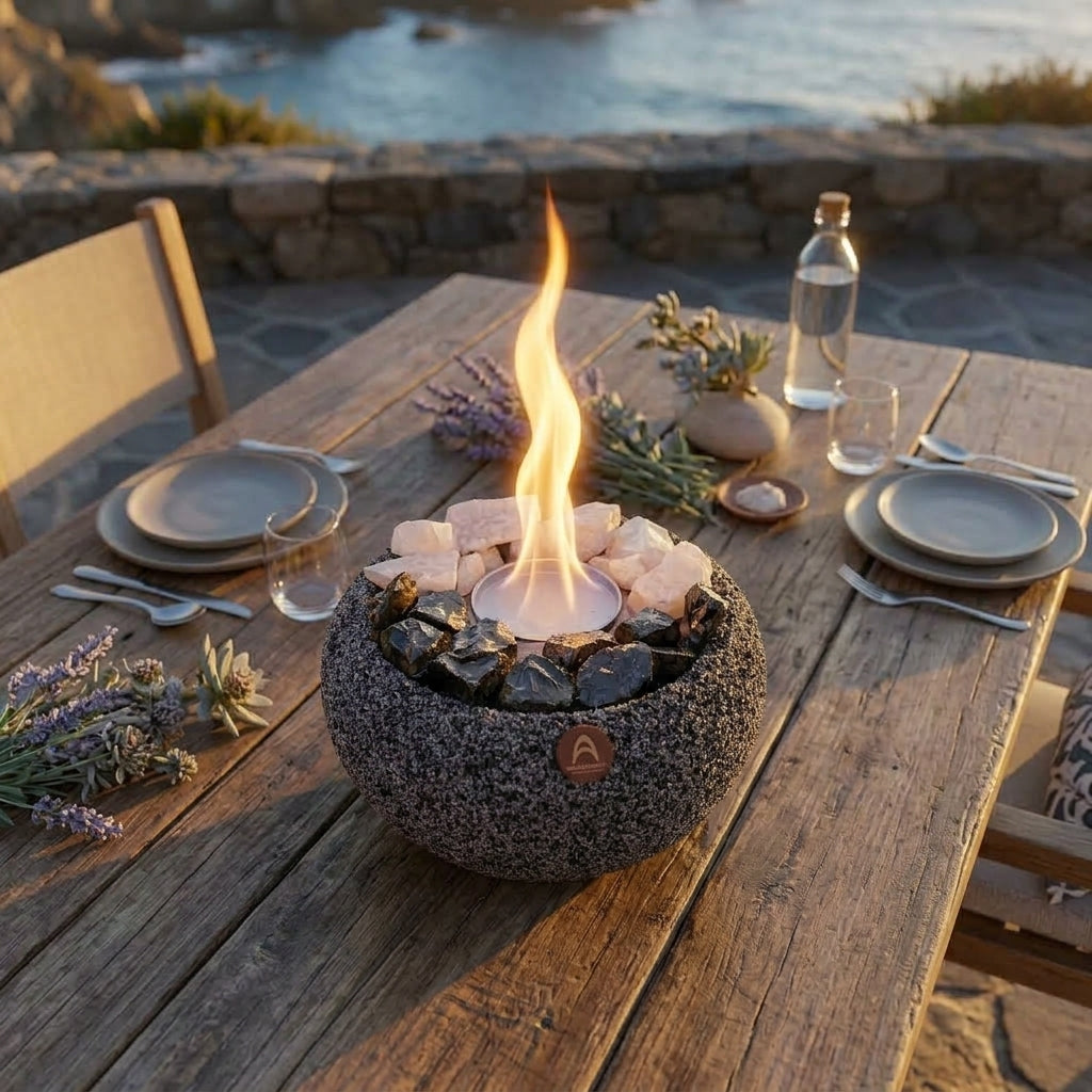Atacama Grande Cuarzo y Obsidiana encendido sobre una mesa puesta con lavanda, junto al mar
