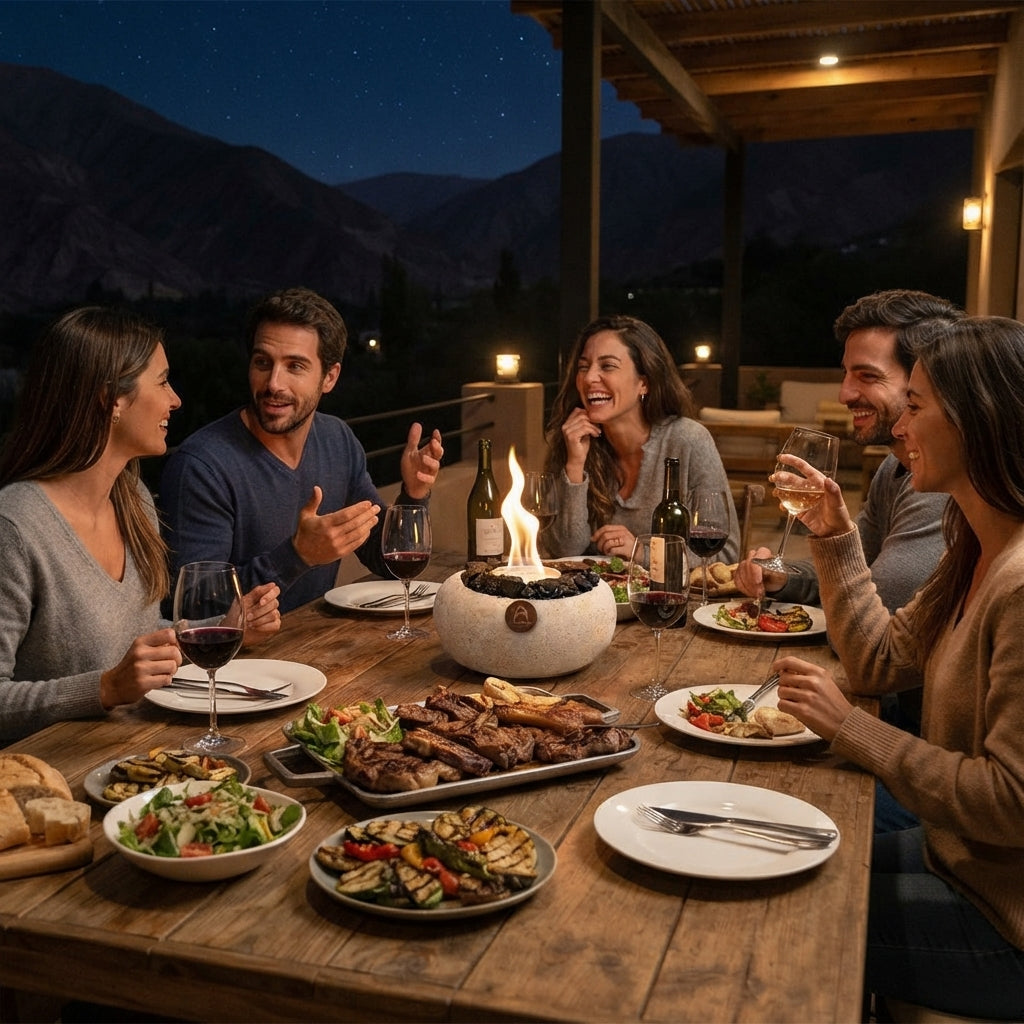 Grupo de amigos cenando de noche en una terraza con el Elquí Grande Obsidiana en la mesa