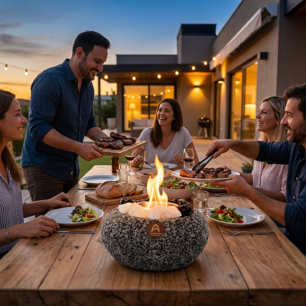 Grupo de amigos sirviendo comida en una terraza con el Atacama Mediano Cuarzo y Obsidiana al centro de la mesa