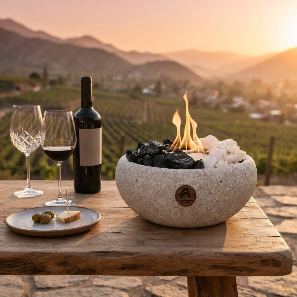 Elquí Grande Cuarzo y Obsidiana encendido en una mesa de madera con vino, frente a un viñedo al atardecer
